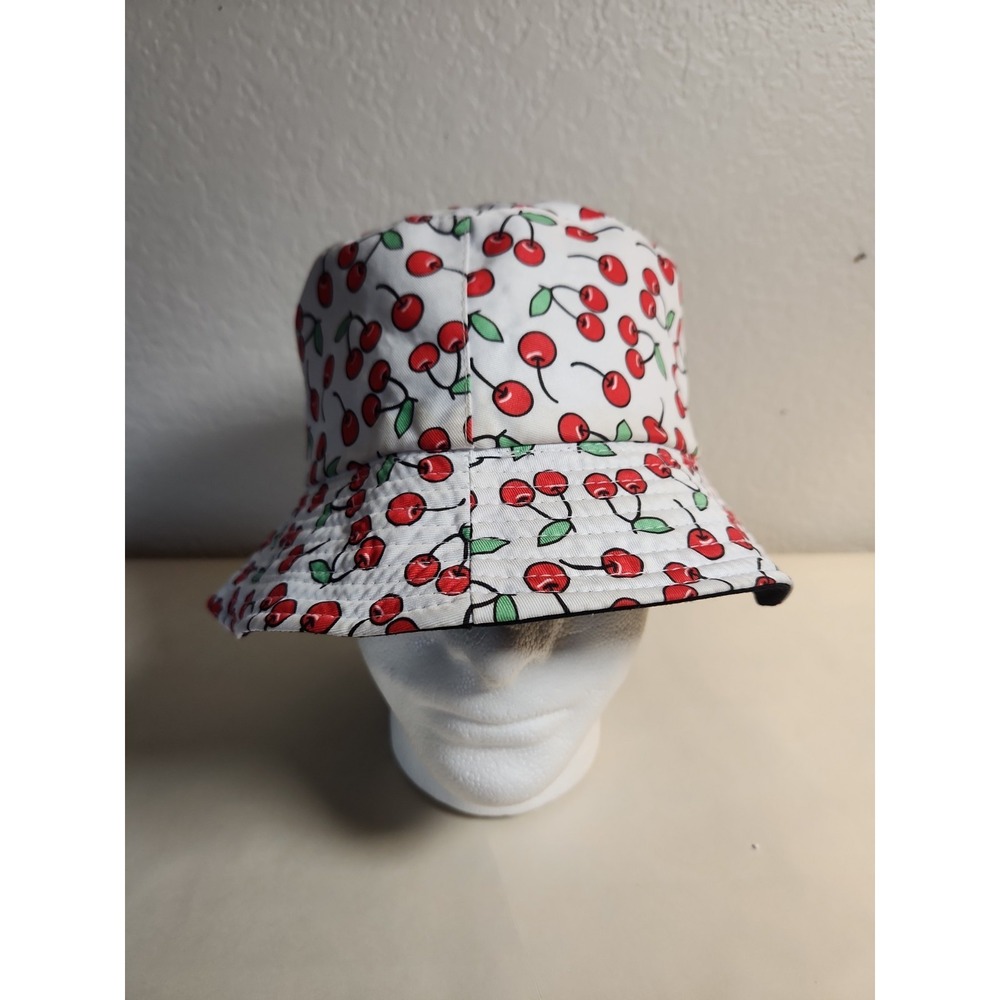 Women's White Cotton Bucket Hat Cherry Print One Size